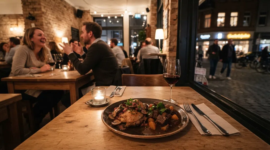 a candlelit plate of French tapas at Bagatelle Südstadt, with coq au vin and beef bourguignon on Teutoburger Straße