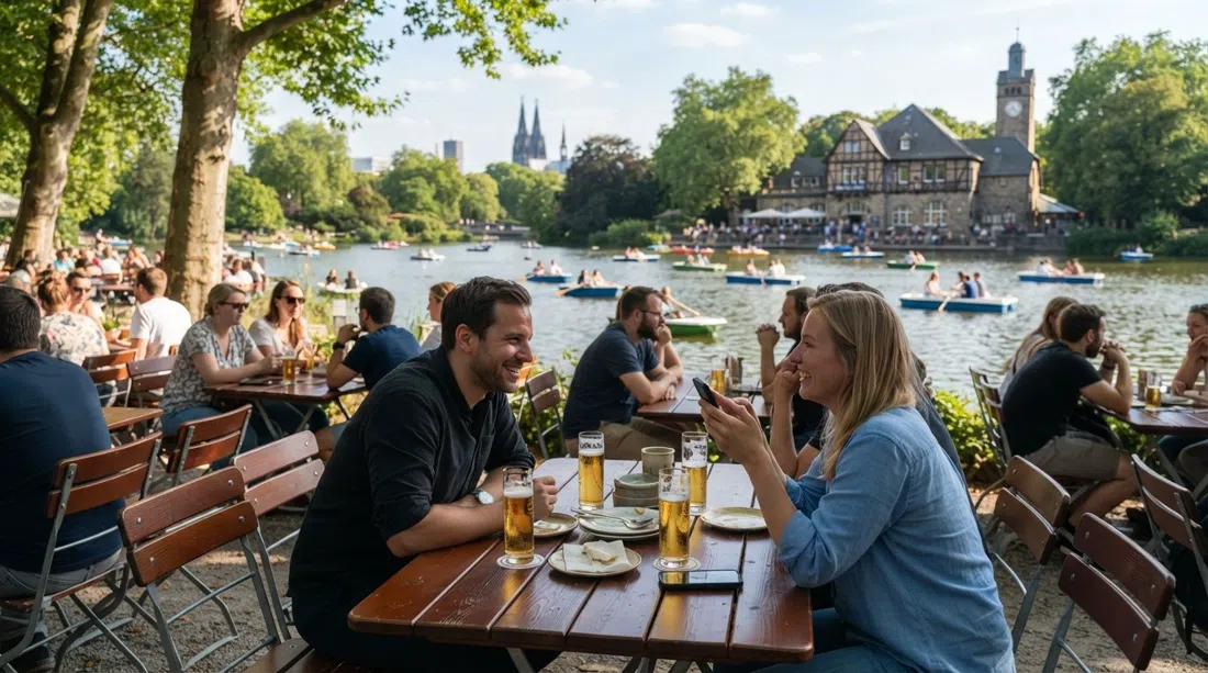 Hellers Volksgarten beer garden beside the pond in Volksgarten park, Kölsch glasses on wooden tables and paddleboats on the water