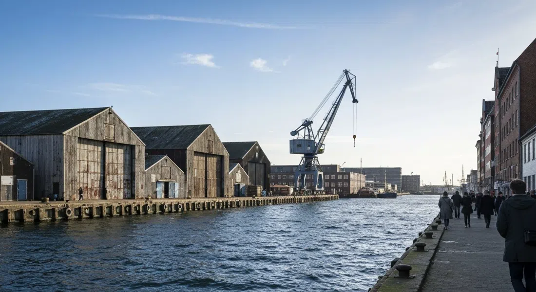 Refshaleøen’s harbourfront with weathered shipyard sheds, a skeletal gantry crane and rippling water under low northern light