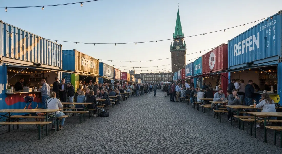 Reffen’s container kitchens and crowded picnic tables in the late-afternoon sun, with people queuing for street food beside painted shipping containers