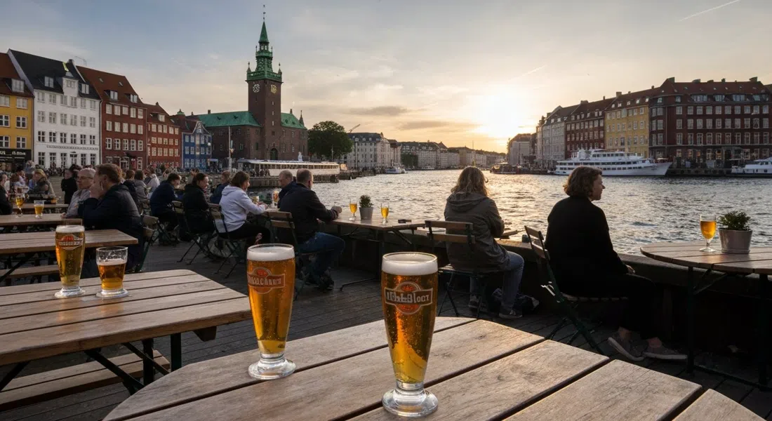 Mikkeller Baghaven’s waterfront terrace at sunset, with beer glasses on wooden tables and the harbour glowing behind them
