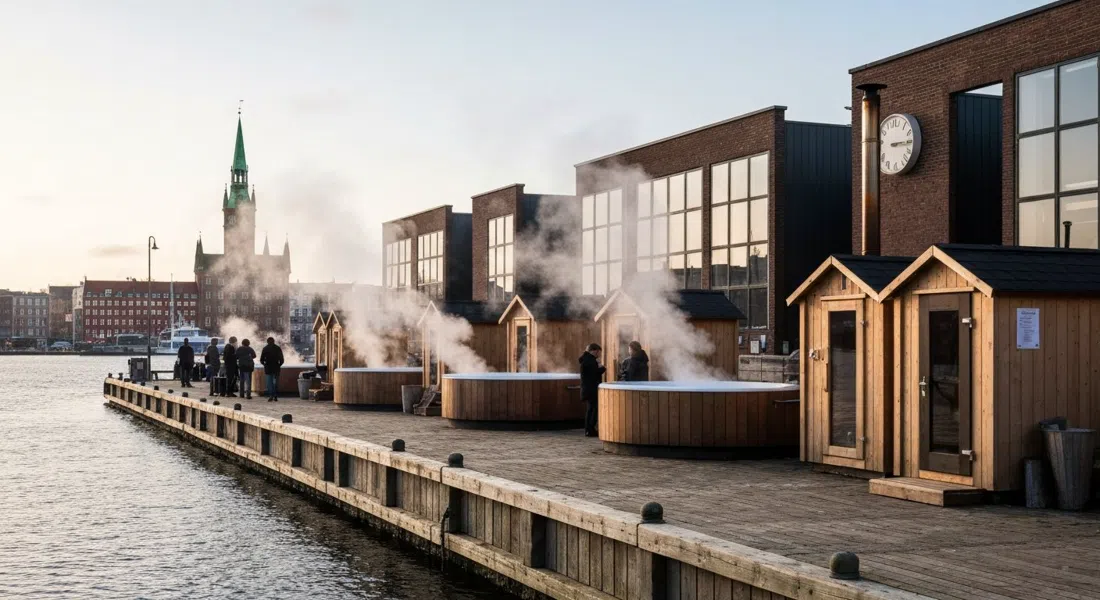 CopenHot’s fire-heated tubs and sauna cabins on Refshalevej 195, with steam rising in winter light beside the harbour
