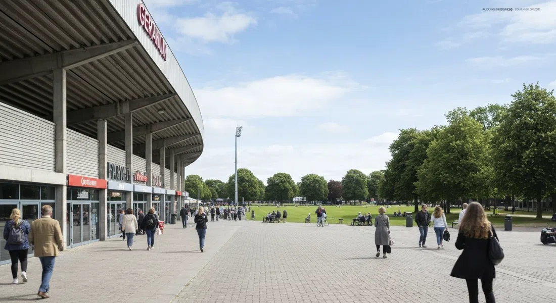Parken football stadium in Østerbro seen from outside with Geranium on the eighth floor implied above, Fælledparken stretching green beyond under clear daylight