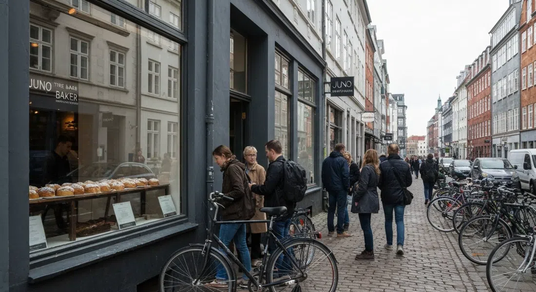 the queue outside Juno the Bakery on Århusgade 48 in morning light, bicycles parked along the pavement and trays of cardamom buns visible through the window