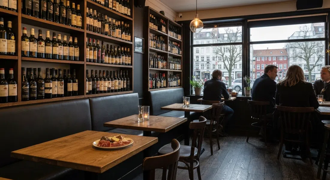 the cosy interior of ROOTS Vinbar between Trianglen and the lakes, bottles on shelves, dim light and a small plate of charcuterie on the table