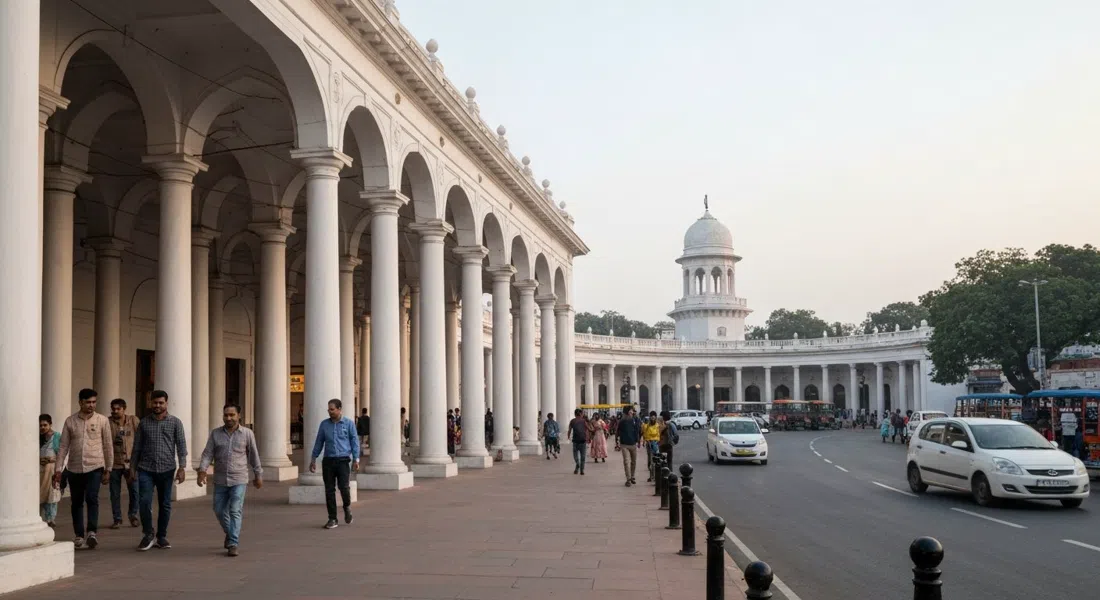 the white colonnades of Connaught Place’s inner circle in late afternoon light, pedestrians moving beneath the covered arcade and traffic circling beyond