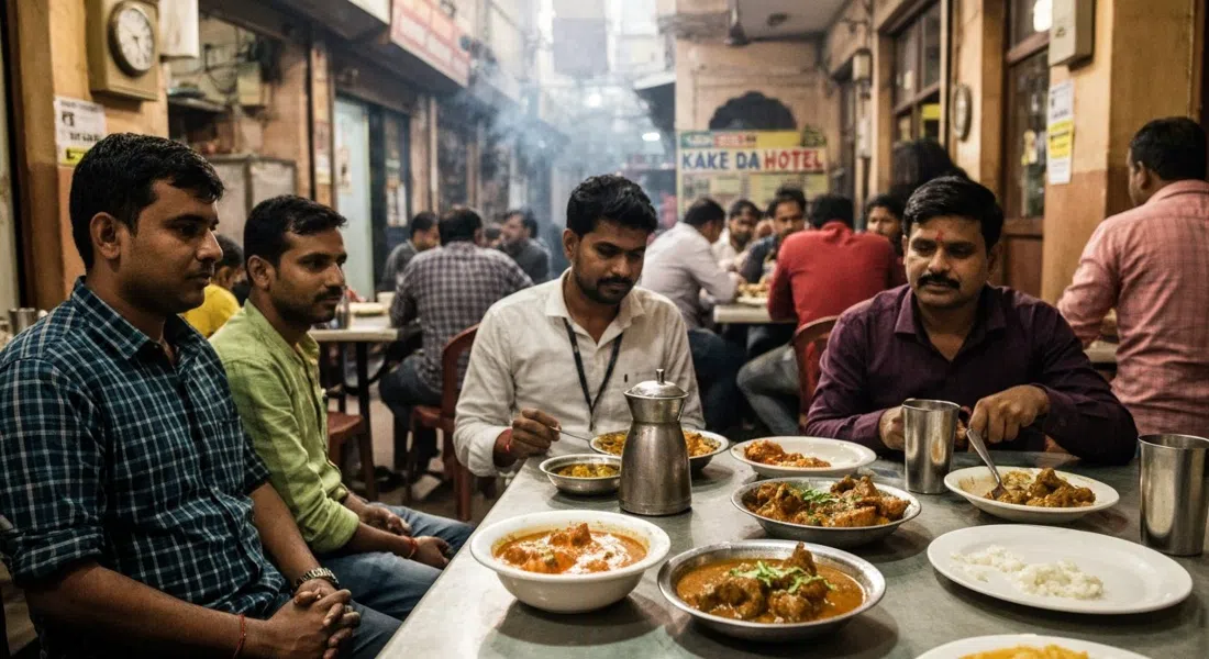 a crowded table at Kake da Hotel in the Outer Circle, bowls of smoky butter chicken and mutton curry under warm indoor light, with the cramped dining room in the background