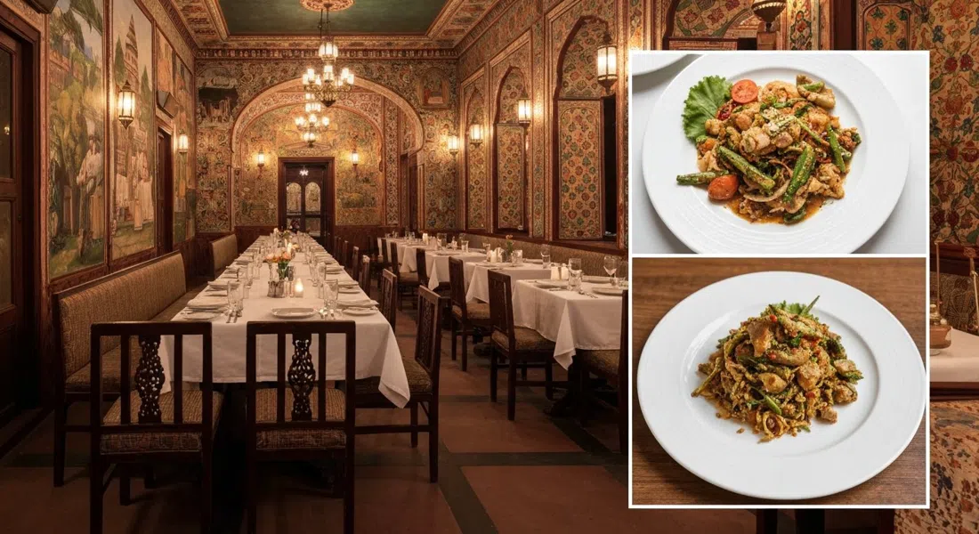 the mural-lined dining room at The Spice Route in The Imperial, with long tables, warm lantern light and richly patterned walls framing a plated Southeast-Asian dish