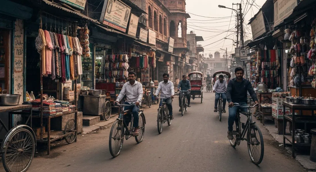 the Main Bazaar in Paharganj at street level, cycle rickshaws squeezing past scarf stalls, chai steam and dangling shop signs in the afternoon haze