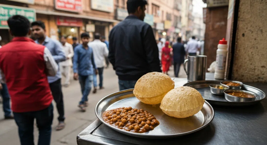 a plate of chole bhature at Sita Ram Diwan Chand in Chuna Mandi, puffed bhature beside spicy chickpeas on a plain metal tray, eaten in a tight cash-only room