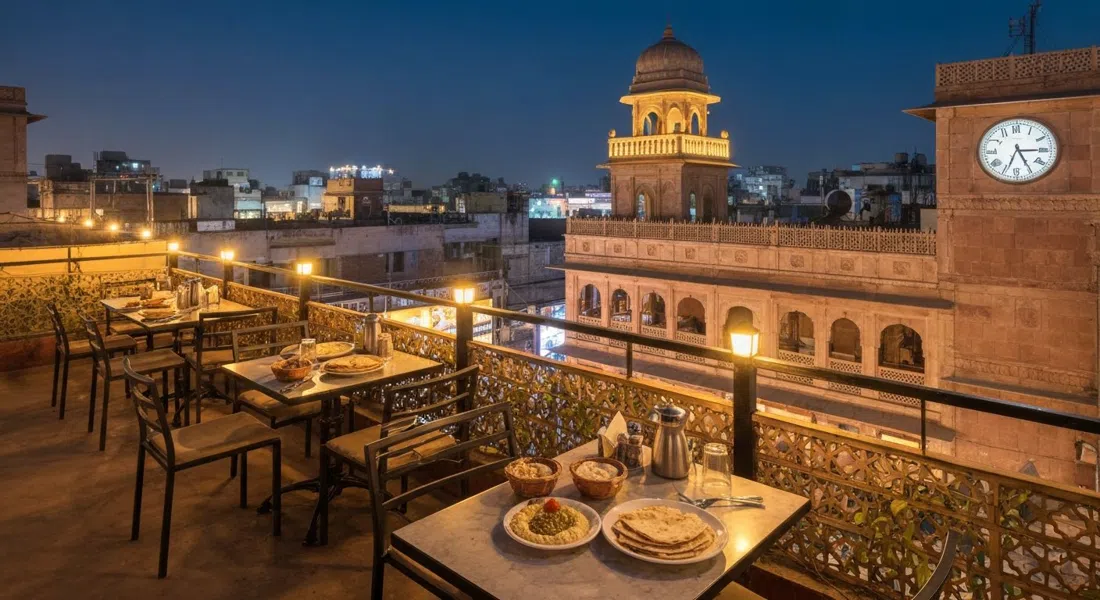Sam's Cafe rooftop above Vivek Hotel on the Main Bazaar at night, tables with hummus and pita, warm lights, and the Paharganj rooftops beyond