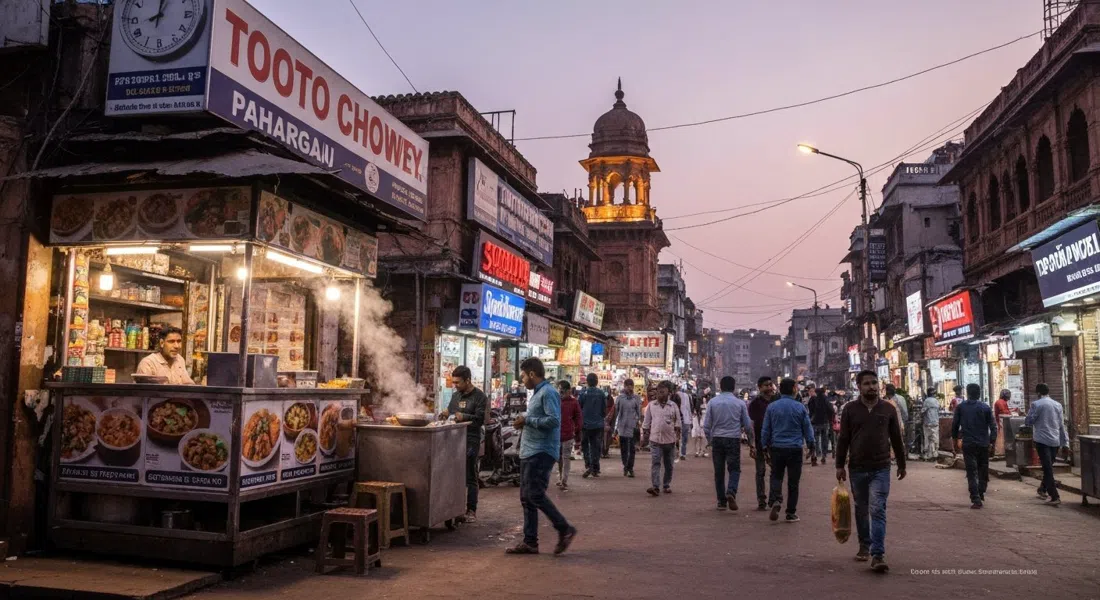 Tooti Chowk in Paharganj at dusk, momo kiosks, street-food steam, and a crush of pedestrians under shop lights