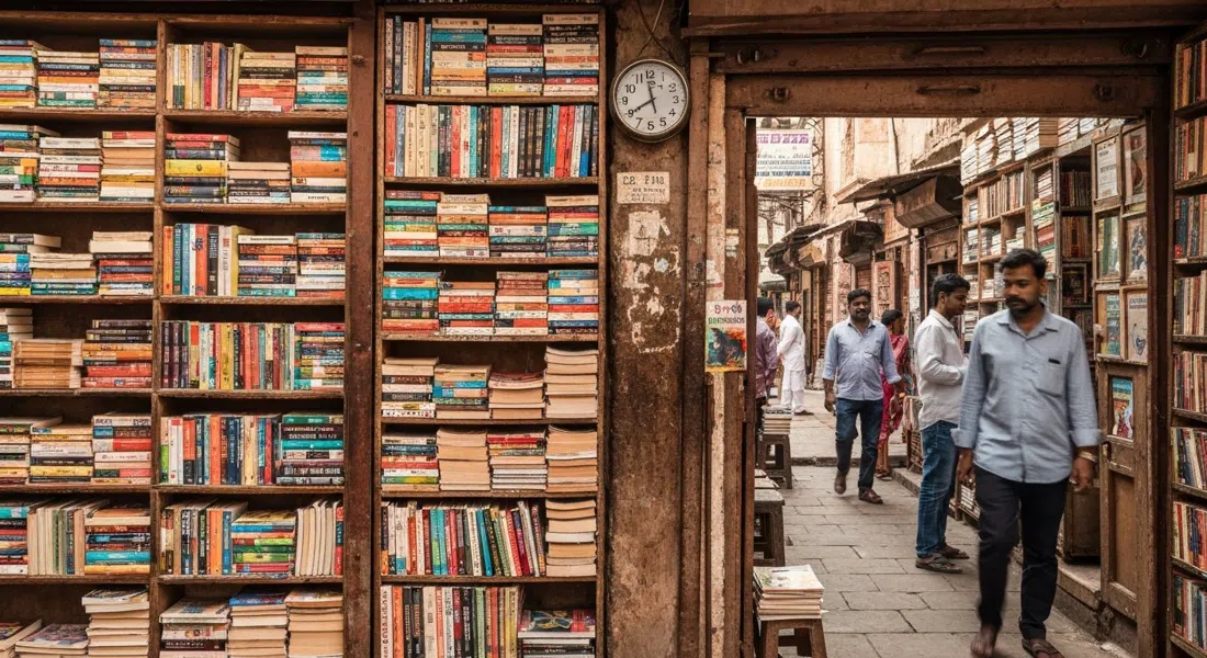Jackson's Books at 5106 Main Bazaar, narrow shelves packed with secondhand novels in multiple languages, a cramped doorway and old paper stacks