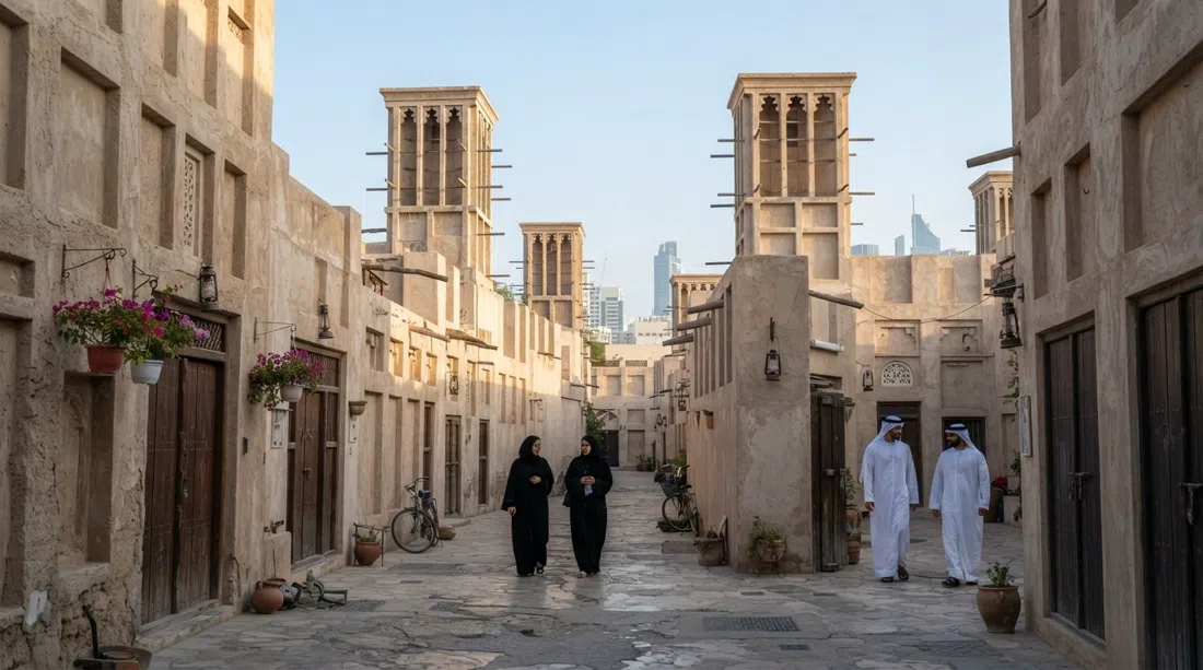 narrow sand-coloured sikkas in Al Fahidi Historical Neighbourhood with barjeel wind towers rising above restored heritage houses in soft morning light