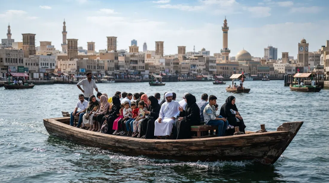 a traditional wooden abra on Dubai Creek near Bur Dubai station, passengers seated closely together as it heads toward Deira in bright daytime