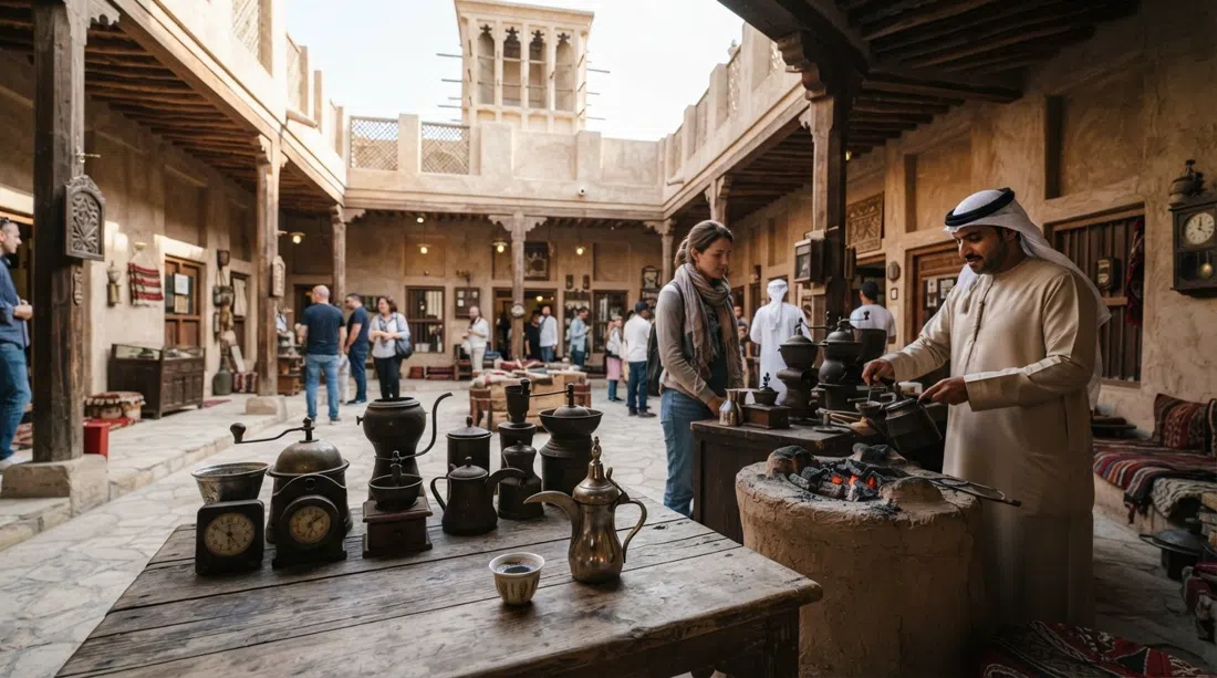 the courtyard and wind-tower interior of the Coffee Museum in Al Fahidi, antique coffee roasters displayed beside a cup of charcoal-brewed qahwa