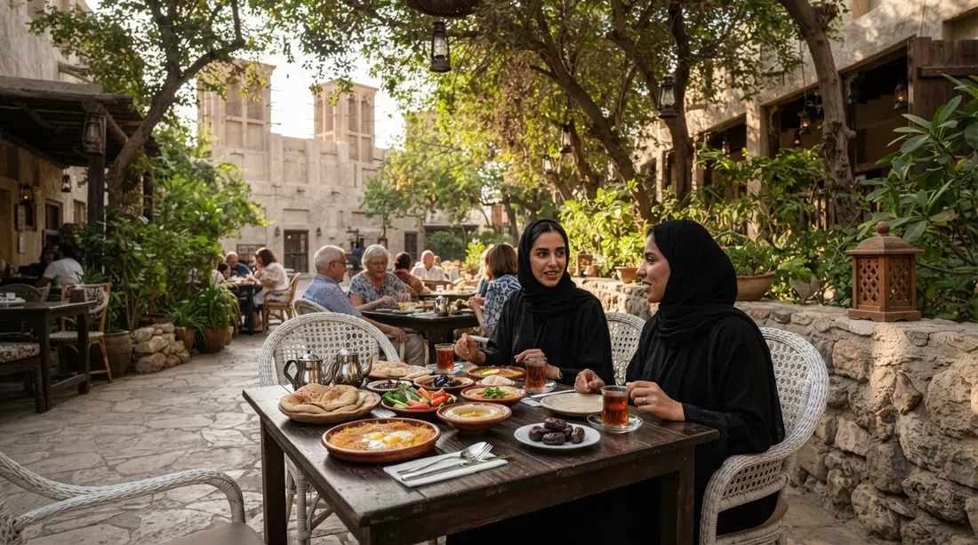the courtyard tables of Arabian Tea House on Al Fahidi Street, white rattan chairs under an old tree with Emirati breakfast dishes and karak tea