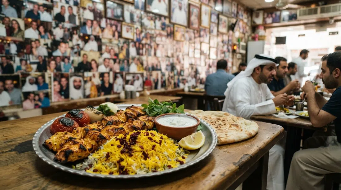 a plate of yoghurt-marinated kebabs over saffron rice at Al Ustad Special Kabab, with photo-covered walls filling the background
