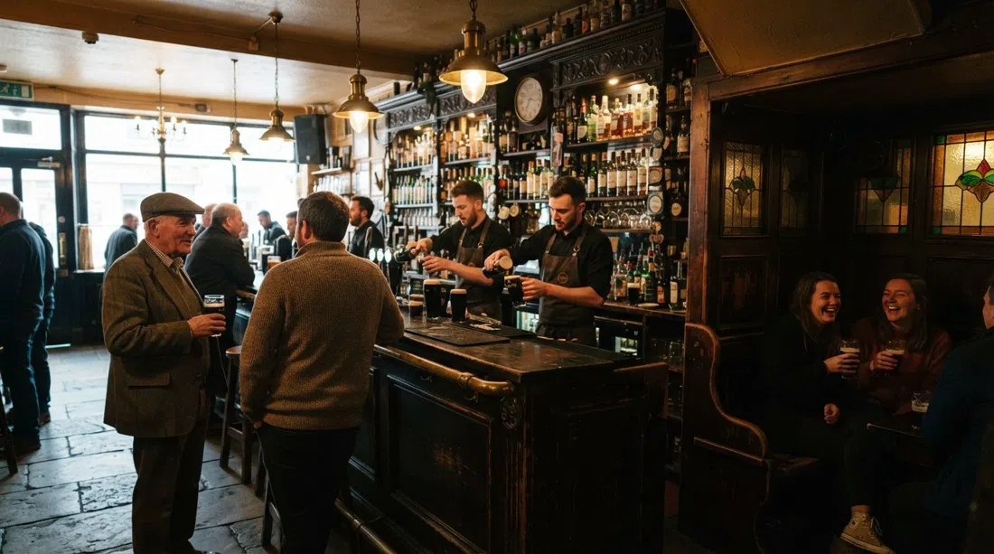 Toner’s on Lower Baggot Street, showing the dark stone-flagged bar and snug interior with warm low light and old wood paneling