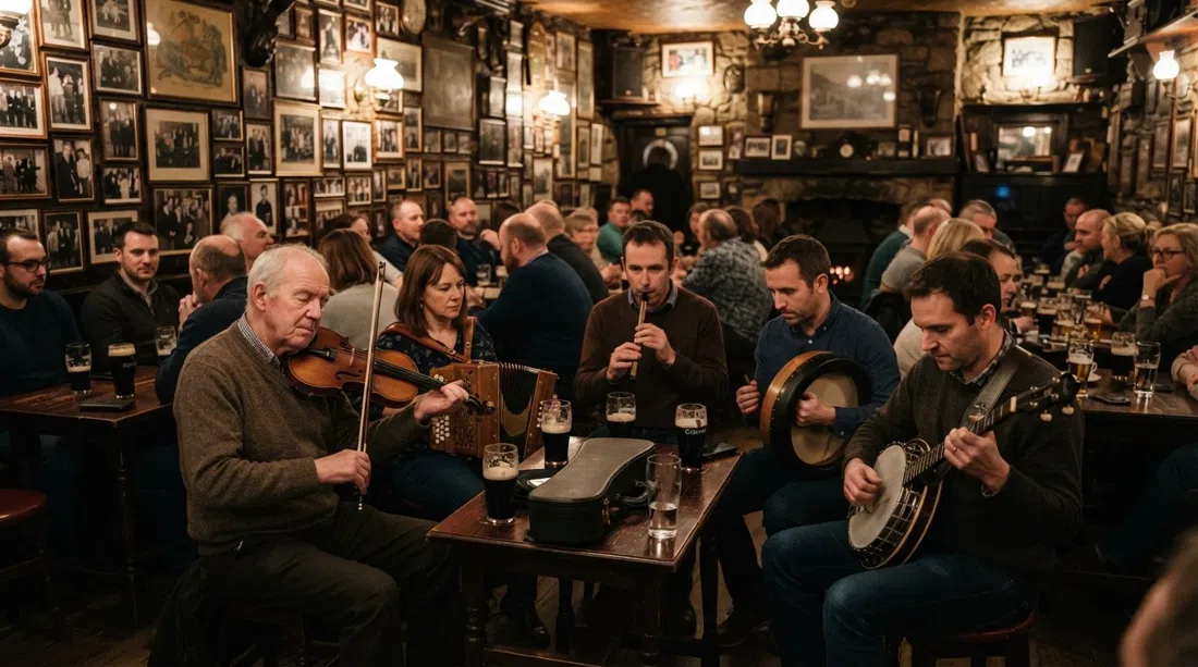 a live trad session at O’Donoghue’s on Merrion Row, musicians gathered under photo-covered walls with pints on the tables and warm evening light