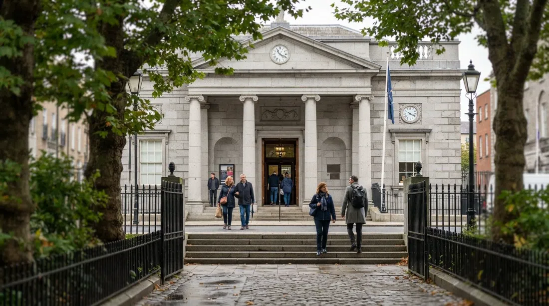 the National Gallery of Ireland on Merrion Square West, with visitors entering under a bright façade and the square’s trees in the foreground