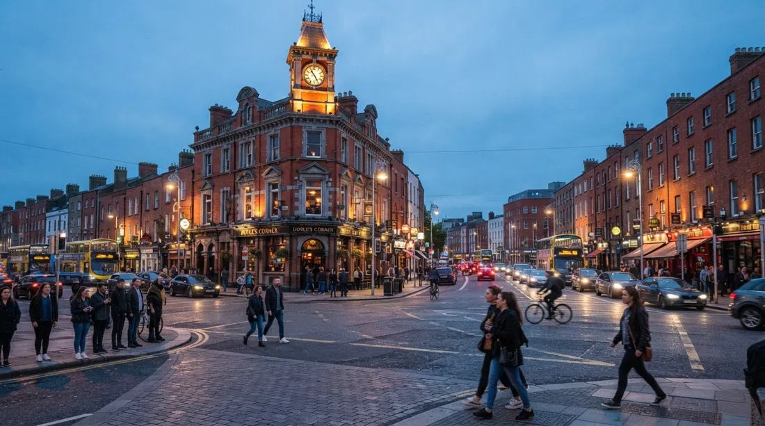 Doyle’s Corner in Phibsborough at dusk, the five-way junction busy with traffic, pub fronts glowing and red-brick terraces framing the crossroads