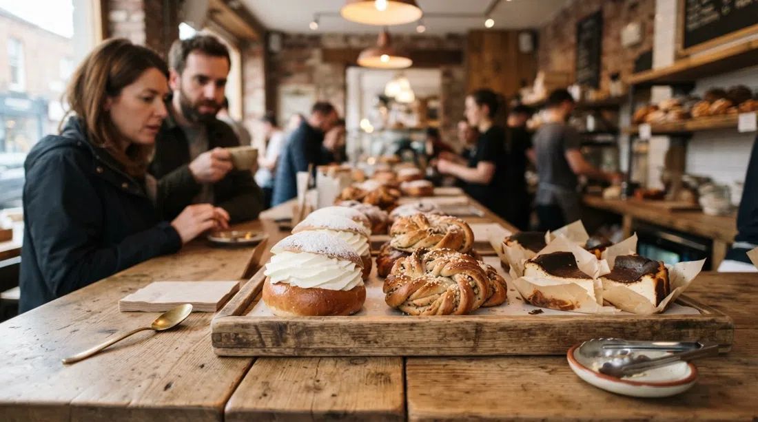 a tray of Elliot’s pastries on the counter, with cream-filled maritozzi, cardamom knots and Basque burnt cheesecake under warm bakery light