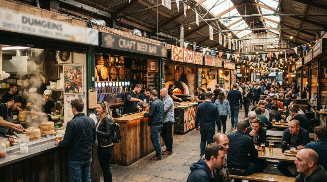 the interior of Eat Yard with dumpling and pizza stalls, craft beer taps and diners under the covered market roof