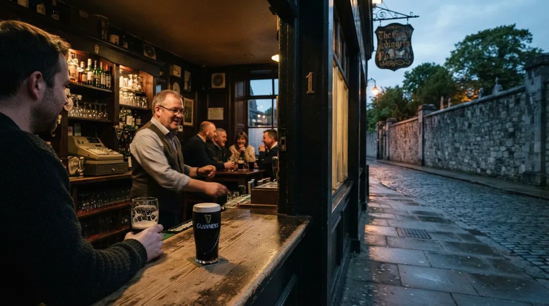 the front of The Gravediggers beside Glasnevin Cemetery wall at early evening, with a pint of Guinness on the bar and the old pub sign visible