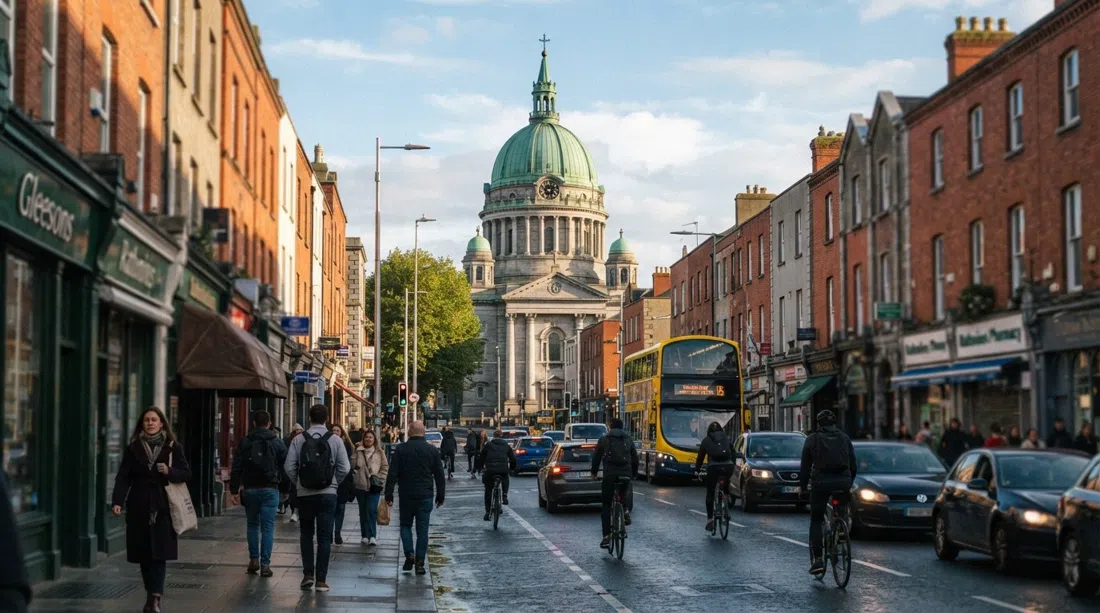 the green copper dome of the Church of Mary Immaculate rising above Lower Rathmines Road, with red-brick shopfronts and traffic below in late afternoon light