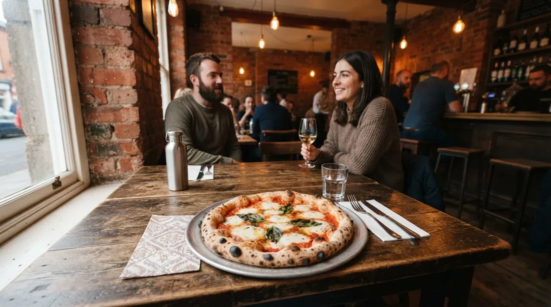 a margherita pizza from Reggie’s Pizzeria on a table inside the listed red-brick building, with blistered sourdough crust and warm restaurant lighting