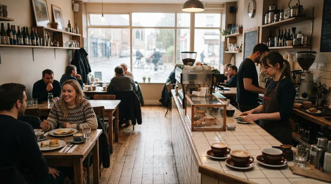 the counter and dining room at Grove Road Cafe, with Roasted Brown coffee cups, breakfast plates and morning light on Lower Rathmines Road