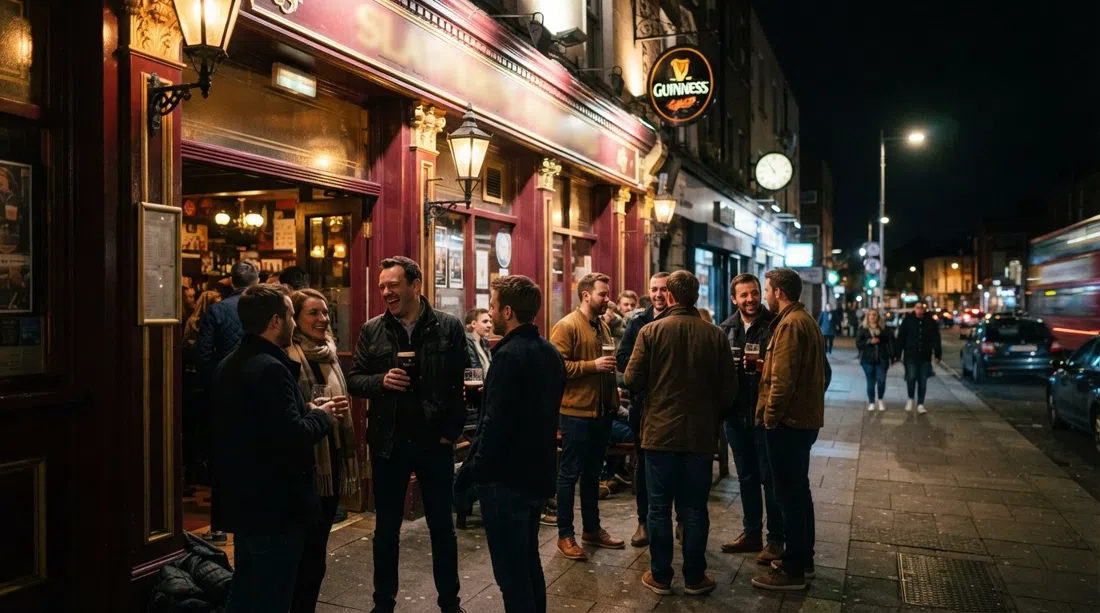 the burgundy-and-gold frontage of Slattery’s on Lower Rathmines Road at night, with warm light, a Guinness sign and people gathering outside