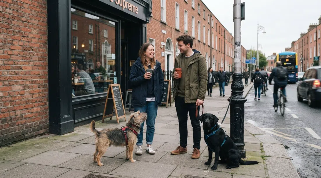 Manor Street in Stoneybatter at morning rush hour, takeaway coffees and dogs outside Love Supreme with red-brick terraces behind