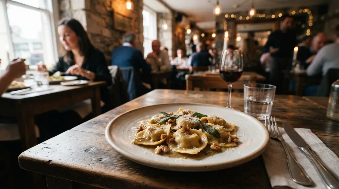 a close-up of cappellacci di zucca at Grano, fresh pasta on a simple plate in soft restaurant light
