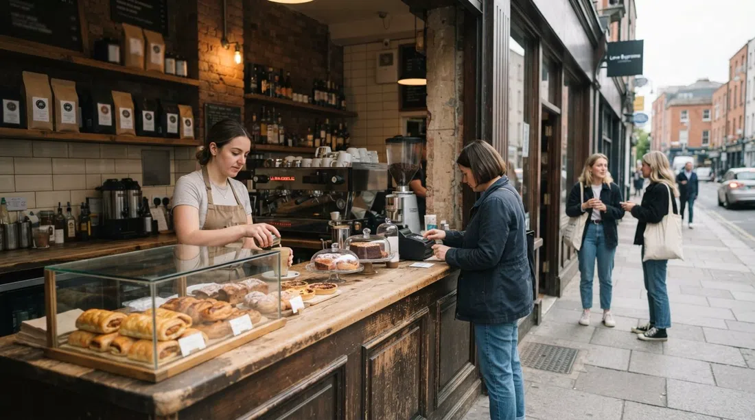 the front counter at Love Supreme on Manor Street, Roasted Brown coffee, sausage rolls and cakes with customers waiting outside