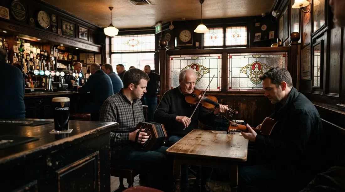 the snug at Walsh's on Stoneybatter, dark wood and stained glass with a Guinness on the bar and a trad session starting