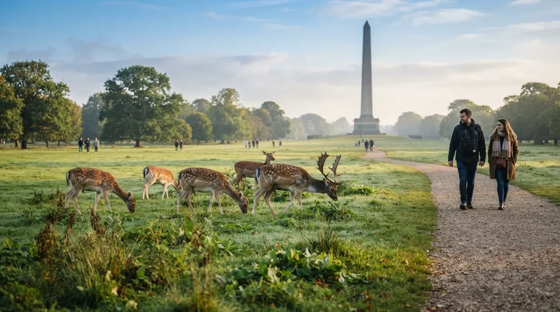 fallow deer in Phoenix Park near Stoneybatter at soft morning light, wide green space with the Wellington Monument in the distance