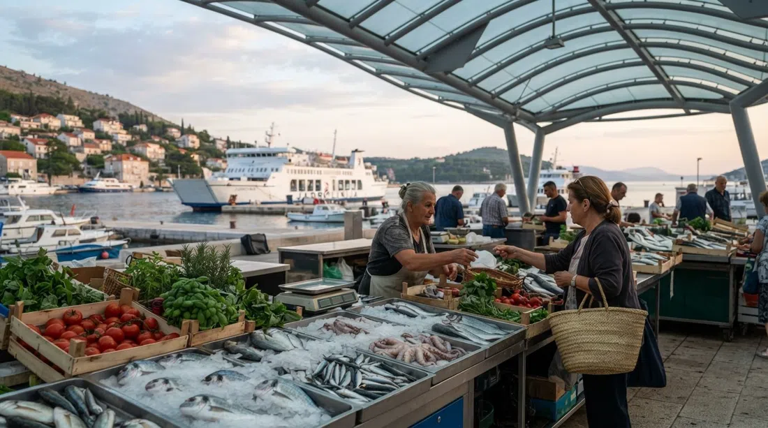 Gruž market under its modern canopy at dawn, fish laid on crushed ice beside crates of tomatoes and herbs, with the bay and ferry terminal just beyond