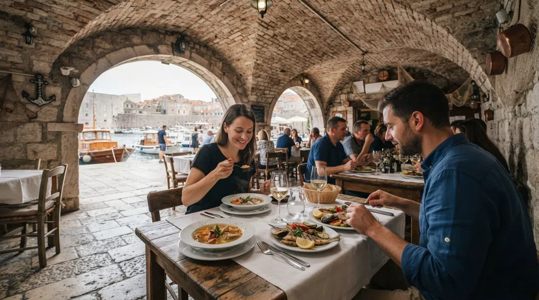Bistro Glorijet inside a former boathouse beside the quay, barrel-vaulted brick ceiling overhead and plates of fish soup and grilled catch on white tables