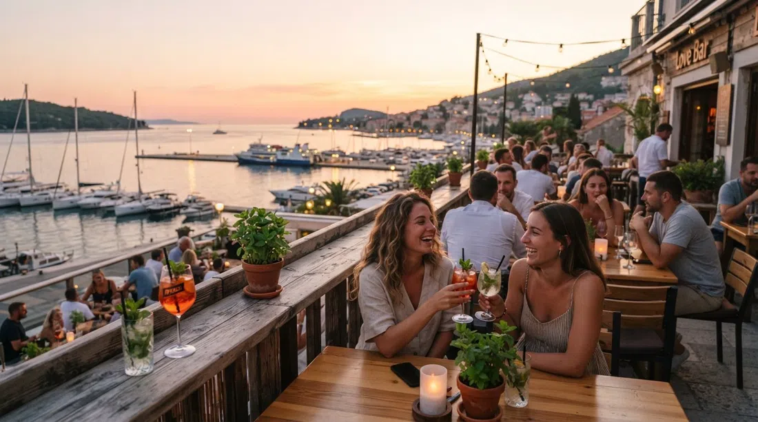 Love Bar’s terrace at sunset, mint pots around the tables, cocktails on the rail and the harbour light turning gold over Gruž Bay