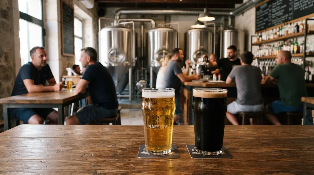 Dubrovnik Beer Company taproom interior by the cruise terminal, stainless tanks behind the bar and pints of Maestral lager and Grego milk stout on the table