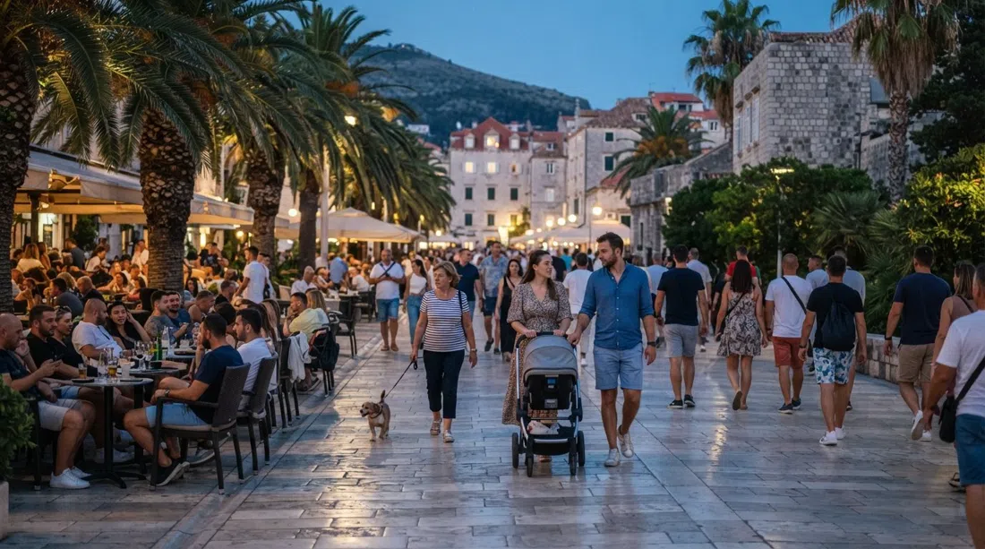 Šetalište kralja Zvonimira in early evening, palm trees and café terraces filling with families, prams and dog-walkers on the flat pedestrian street