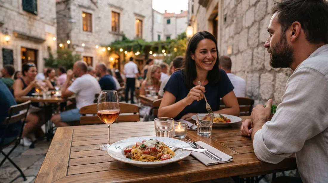a warm evening table at Pantarul on Ul. Kralja Tomislava, homemade pasta and a glass of Croatian wine on a modern-Dalmatian bistro table