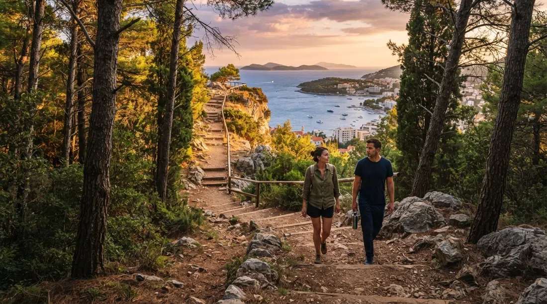 a pine path in Velika i Mala Petka Forest Park at sunset, the trail rising toward a cliff-top viewpoint over Lapad Bay