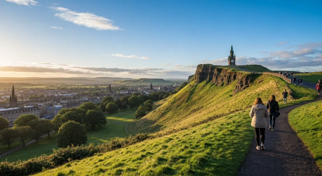 the grassy eastern ascent from Dunsapie Loch toward Arthur’s Seat, early morning light on the slope and Holyrood Park stretching below