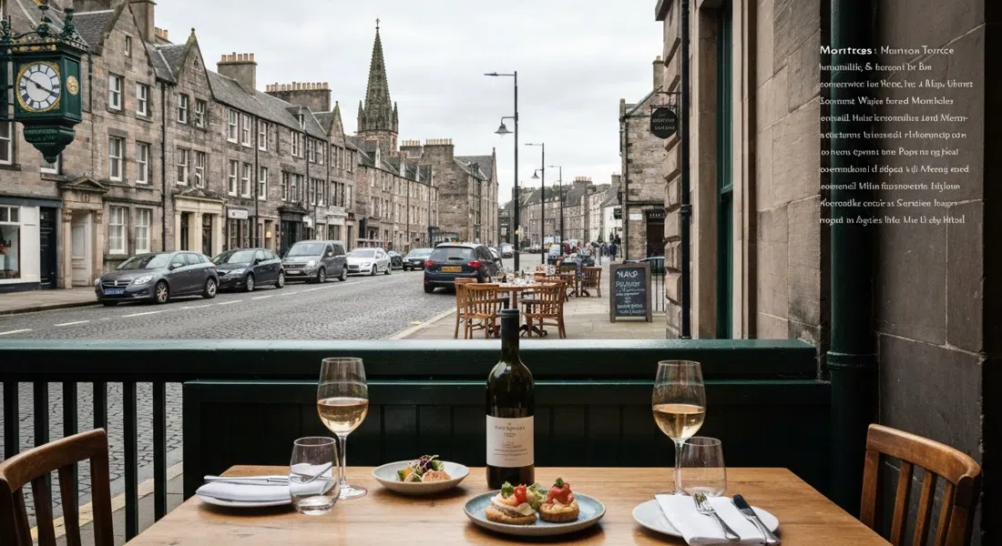Montrose on Montrose Terrace in Abbeyhill, its intimate dining room and downstairs wine bar atmosphere suggested by a table set for small plates and organic wine