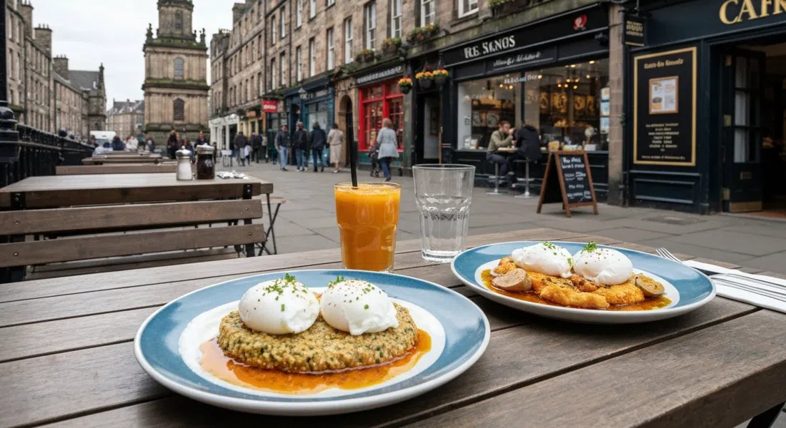 Turkish eggs at Red Kite Café on Cadzow Place, poached eggs over garlicky yoghurt with warm chilli butter on a bright brunch table