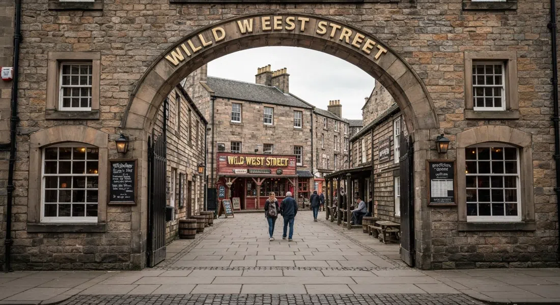 the hidden Wild West Street facade behind an archway off Springvalley Gardens, a miniature American-frontier set in soft afternoon light
