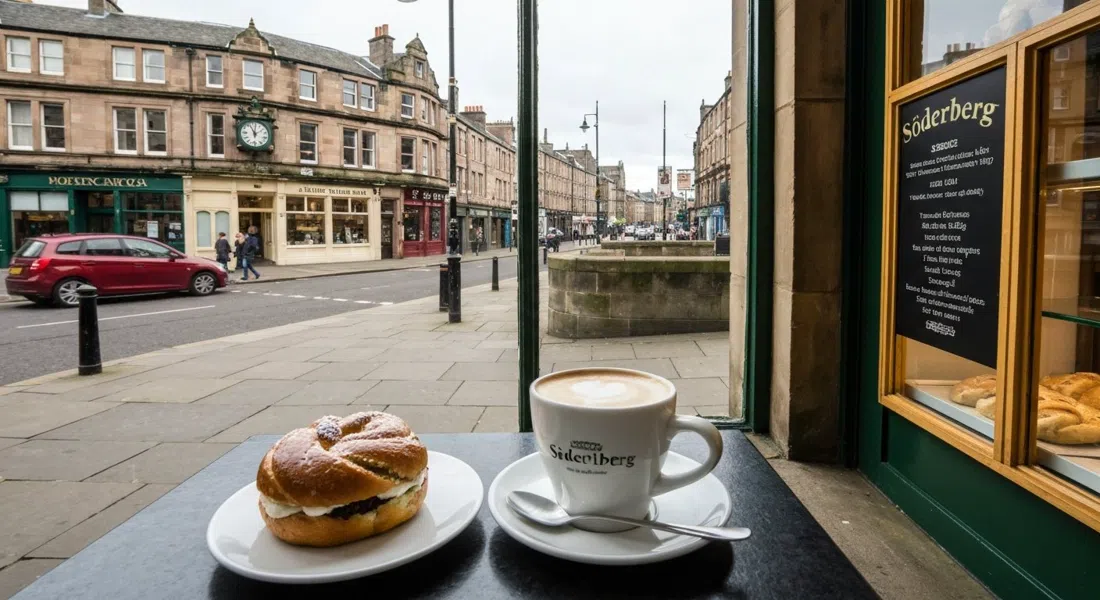 a cardamom bun and coffee at Söderberg, with the Swedish bakery counter and soft morning window light on Morningside Road